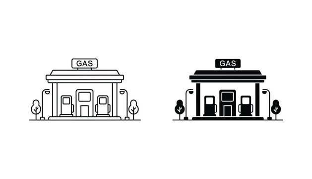 Gas station building icon in outline and solid black silhouette vector art