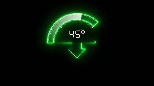 Temperature Control Gauge Interface with Green Neon Dial and Down Arrow Symbol, 45 degree right angle measurement animation on Black Dark Background Representing Cooling Adjustment System