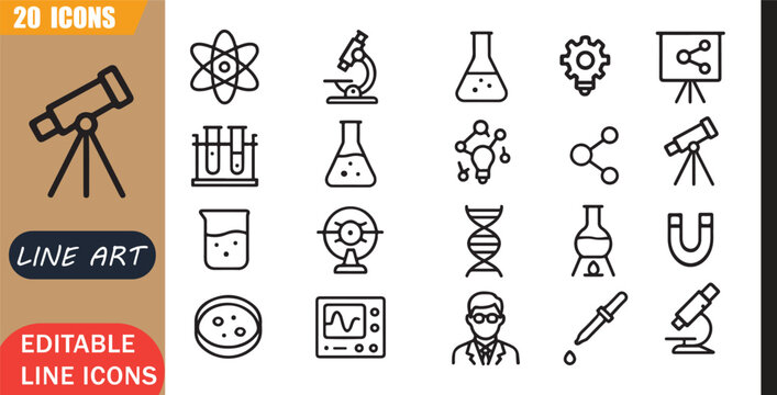 Science research icons set, 20 editable line art icons set, experiment lab chemistry physics biology innovation discovery test, science lab tools, minimal clean outline vector, laboratory, research