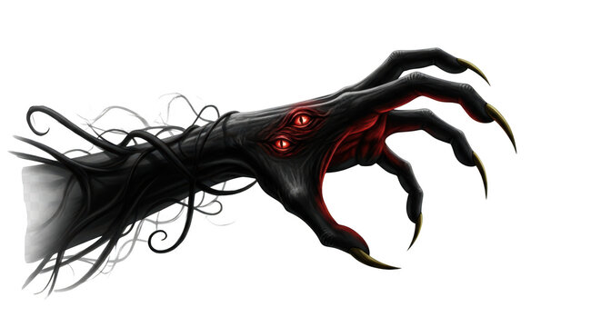 A terrifying dark demonic creature hand with glowing red eyes and sharp claws isolated on transparent background