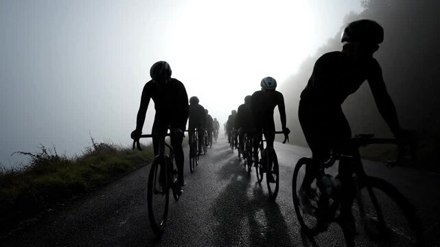 cyclists riding bicycles on foggy road.