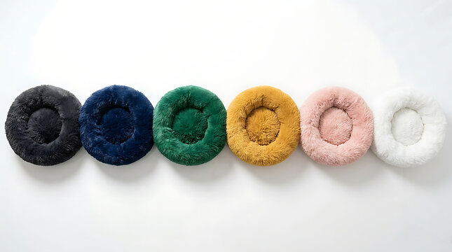 Collection of colorful plush round ped bed in a row on white background for pets