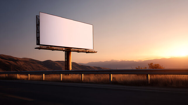Blank outdoor billboard with white copy space beside a highway, set against a stunning desert sunset with mountains in the background