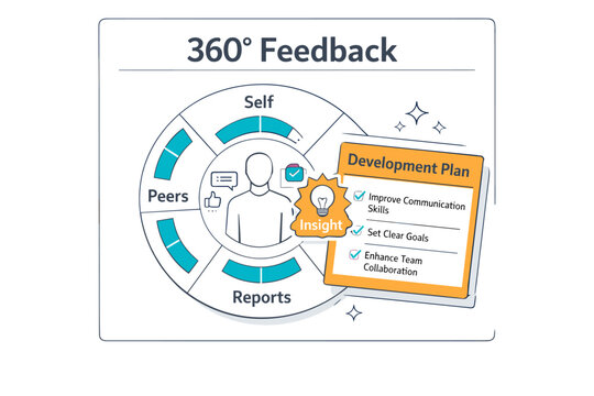 Open feedback culture and 360 review concept showing a floating evaluation