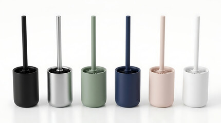 Obraz premium Collection of colorful toilet brushes in holders lined up on white background