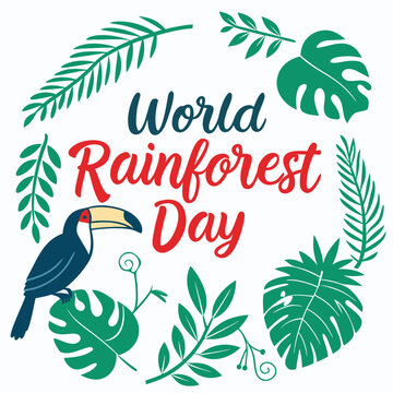 world rain forest day, forest, rain, day, nature, green, leaf, animal, natural, tree, jungle, plant, bird, vector, illustration, vintage, retro, design, sign, symbol, 3d, tag, card, poster, banner