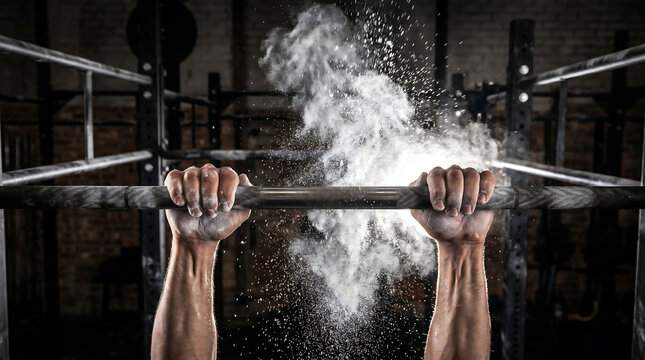 Pull-Up Bar Close-Up with Sweaty Hands Grip and Chalk Dust Flying in Dark Gym