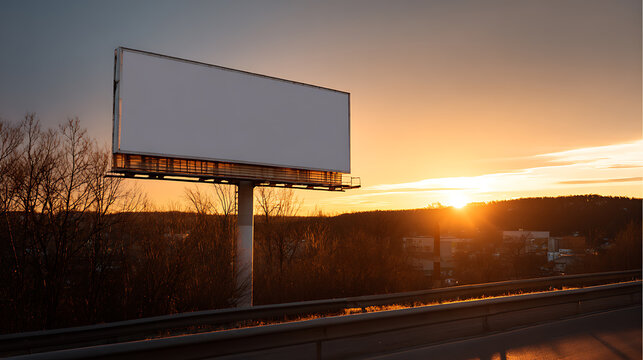 Blank outdoor billboard with empty white space perfect for advertisement mockups against a scenic sunset or sunrise sky background