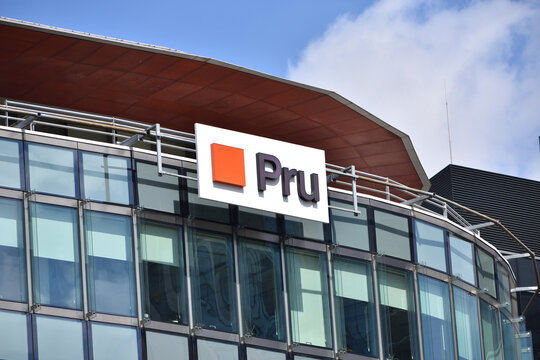 PRU (Prudential) insurance company signage, logo, emblem on the office facade. WARSAW, POLAND - APRIL 25, 2026