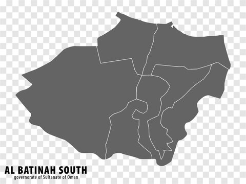 Blank map Al Batinah South Governorate of Oman. High quality map Al Batinah South Governorate on transparent background for your web site design, app, UI.  Sultanate of Oman.  EPS10.