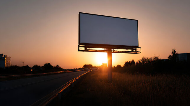 Blank Billboard Advertisement beside a Highway at Sunset with Golden Sky and Open Space for Creative Text or Graphics