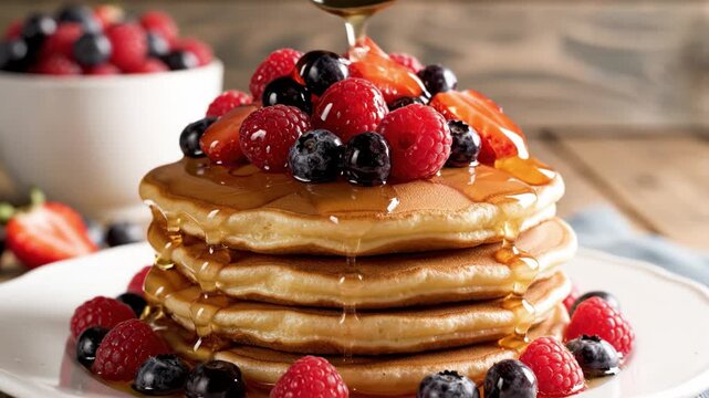 Golden pancake stack with syrup and fresh berry topping on white plate, breakfast fruit dessert close up homemade sweet food with berry syrup and glossy raspberry blueberry strawberry garnish