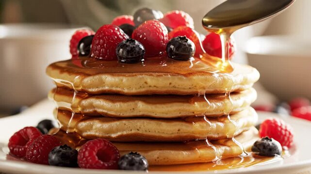 Pancake stack with berry fruit and honey syrup on plate, stacked pancake with syrup and berry topping, breakfast dessert close up, warm golden pastry and glossy topping