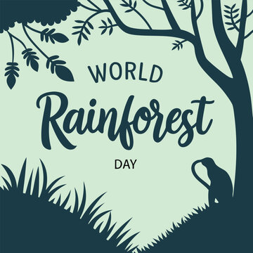 world rain forest day, forest, rain, day, nature, green, leaf, animal, natural, tree, jungle, plant, bird, vector, illustration, vintage, retro, design, sign, symbol, 3d, tag, card, poster, banner