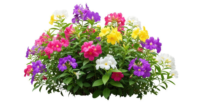 A vibrant cluster of colorful phlox flowers in various shades of pink, purple, yellow, and white, isolated on transparent background