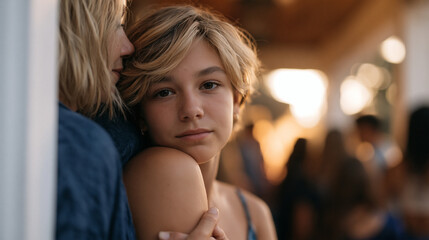 A teenager gripping her mother's sleeve outside a crowded birthday party entrance, unable to step through the doorway, social anxiety at its most specific and visual in the over the shoulder view do