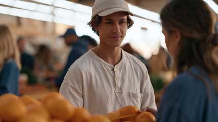 A young grocery store worker quietly slipping an extra bag of oranges into the cart of an overwhelmed single mother without her noticing, unexpected kindness moment in the fluorescent-lit produce ai