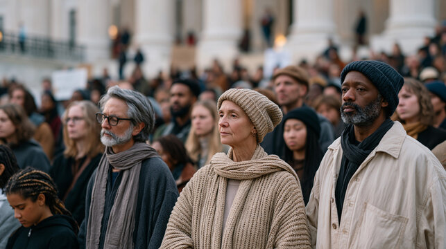 A multigenerational multicultural crowd gathered on courthouse steps in a peaceful community protest, older men and women linking arms with teenagers in the wide establishing shot, the building's ca