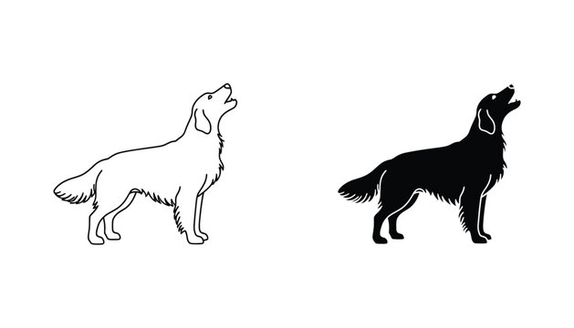 Dog howling upwards depicted as a line drawing and a black silhouette vector graphic