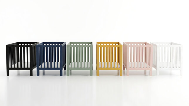 Collection of colorful wooden baby cribs isolated on white background