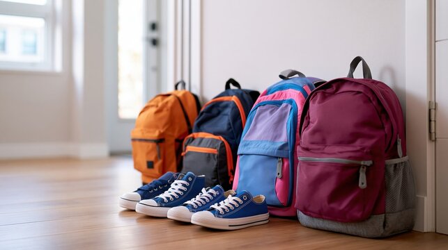 School Supplies Lineup: A curated arrangement of colorful backpacks and vibrant sneakers is arranged on a light wood floor by the wall. it&rsquo;s an invitation to learning and adventure.