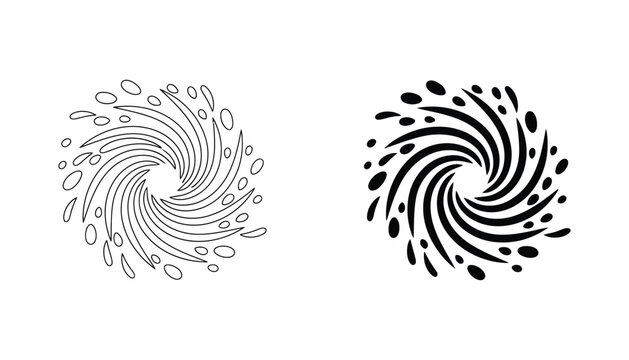 Swirling vortex or water splash icon set in line art and solid black silhouette for dynamic motion and energy design