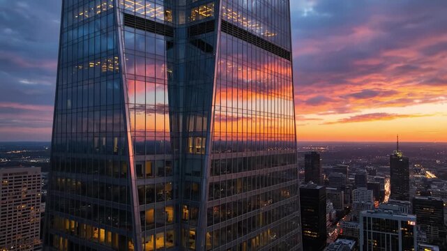 Modern glass skyscraper tower at sunset overlooking city skyline with colorful cloud reflection and warm evening light in urban architecture twilight scene