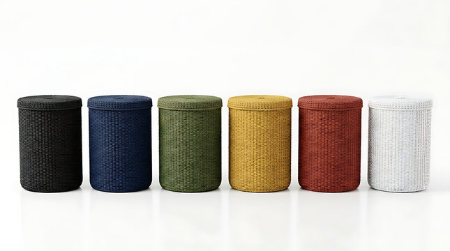 Set of six colorful woven laundry hampers in a row on white background