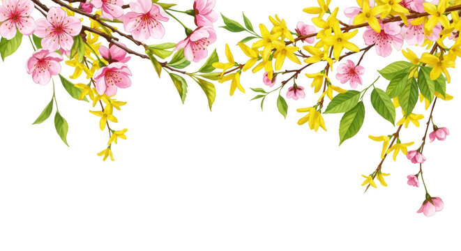 Beautiful spring branches with pink cherry blossoms and yellow forsythia flowers isolated on transparent background