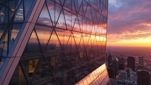 City skyline at sunset with glass tower reflection, urban horizon, colorful sky, modern architecture, reflective facade, evening light, panoramic city view