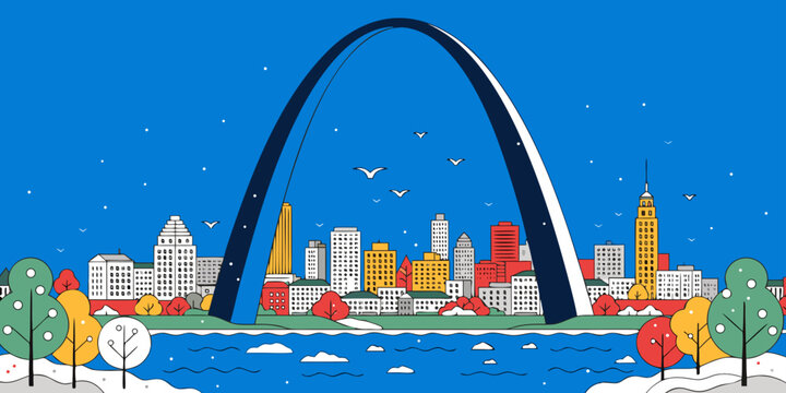 Illustrate the Gateway Arch in St. Louis, with a clear blue sky, the Mississippi River in the foreground, and a hopeful New Year ambiance, capturing the grandeur of a U.S. architectural icon 