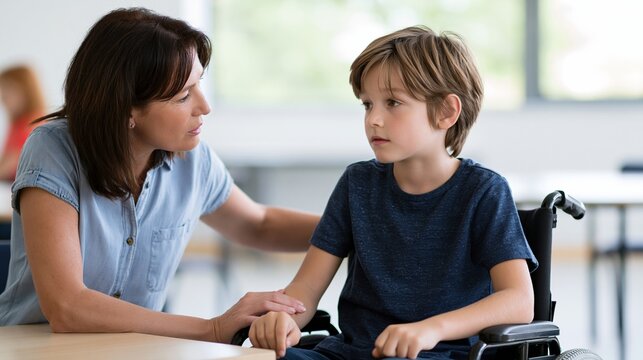 Empathetic Support: A compassionate individual gently comforts a young boy in a wheelchair, offering solace and understanding, in a classroom.