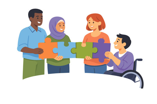 Diversity and inclusive workplace teamwork scene featuring four figures of