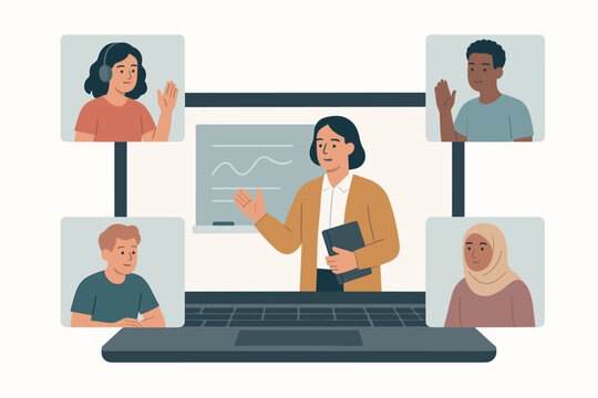 A virtual classroom where a teacher conducts an online lesson with students