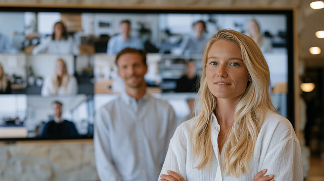 Startup's distributed team members displayed across a video wall in a luxury startup accelerator's conference suite, a mentor facilitating feedback on a product roadmap, each remote participant visi