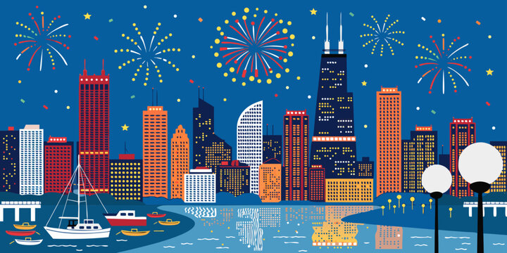 Illustrate the Chicago skyline at dusk, with the Willis Tower and surrounding skyscrapers lit up, a river running through, and a festive New Year&rsquo;s vibe, capturing the charm of a U.S. metropolis 