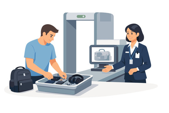 Airport security screening scene where a passenger prepares belongings for