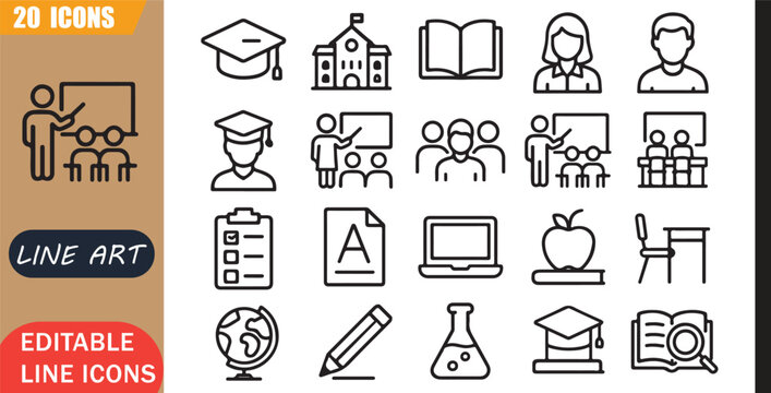 Isolated education school icons set, 20 editable line art icons set, college university student teacher class lesson exam study, education learning tools, minimal clean outline vector