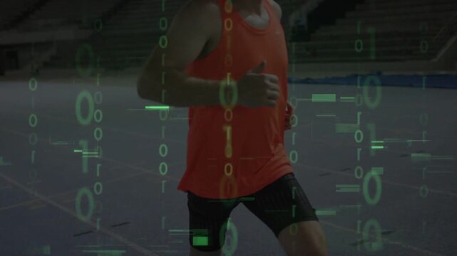 Male runner sprinting on court, blade striking starting faint green binary overlay analyzing motion