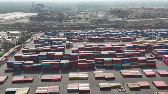 Aerial view of busy container yard in Delhi India 
