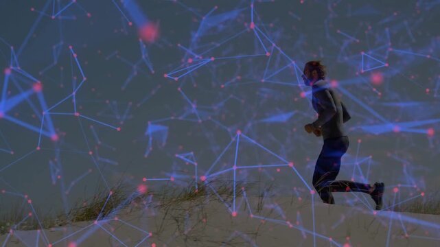 Man starting jog along coastal dune, fitness overlay with blue lines and red nodes tracking stride