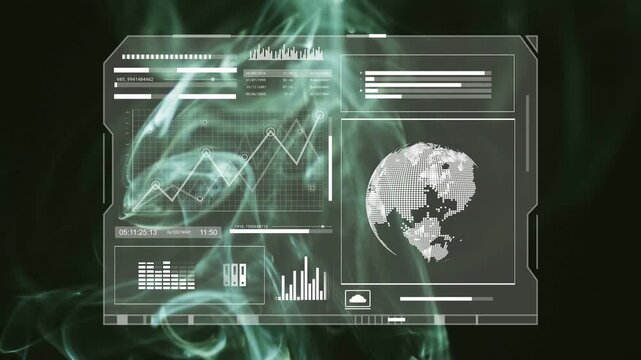 HUD panel displaying chart and globe while green vapor rising from bottom, revealing upward trend
