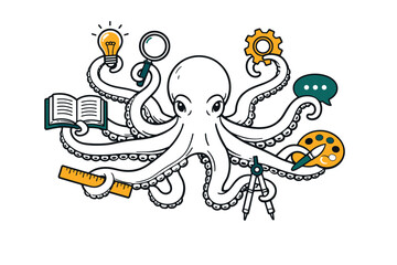 Naklejka premium Octopus as creative problem-solver: a detailed outline-style octopus