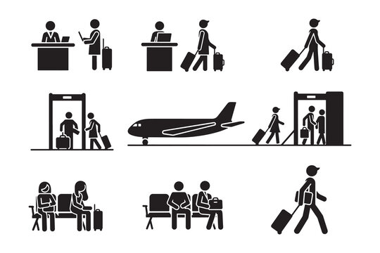 Travel process illustrated with luggage and airport icons step by step