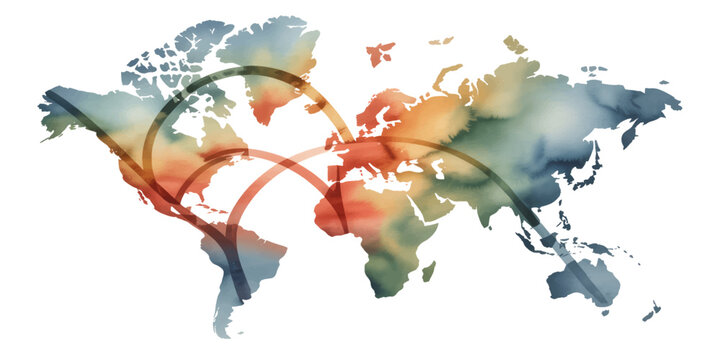 Abstract watercolor painting of a world map globe with colorful paint splash elements for a global geography and travel design illustration