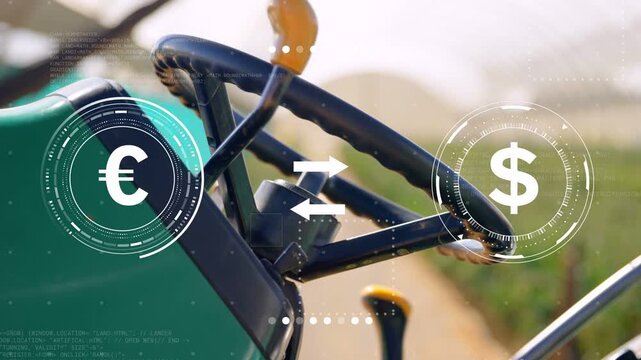 HUD popping controls showing money flow via &euro;$&pound; icons, camera pulling back revealing crop rows