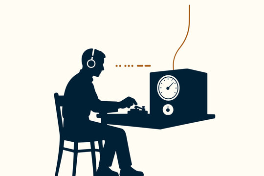 Vintage radio operator sending morse code and long distance communication
