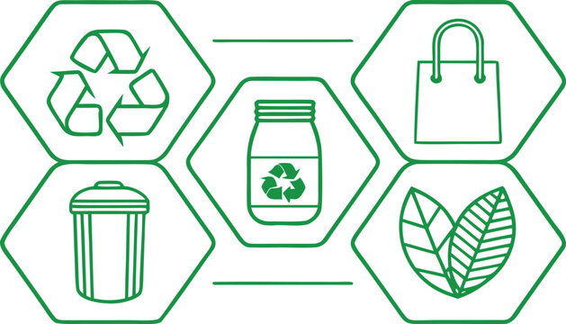 Green hexagonal recycling trash, reuse, bottle, bag, leaf