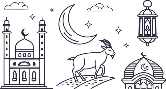 Line-art eid al-adha mosque, moon, goat, lanterns religious mosque architecture