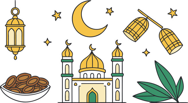 Golden ramadan with moon, mosque, lanterna, and date platter